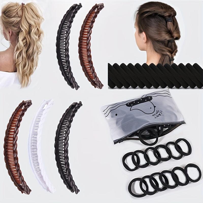 50 Hair Ties + 1 Solid Vintage Hair Clip Set Ladies Wave Comb Braid Hairstyle