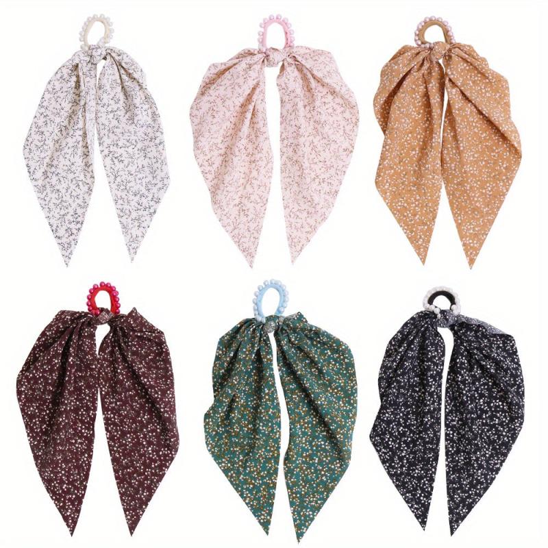 6pcs Long Streamer Hairband Flower Crackle Pastoral Hair Rope for Women
