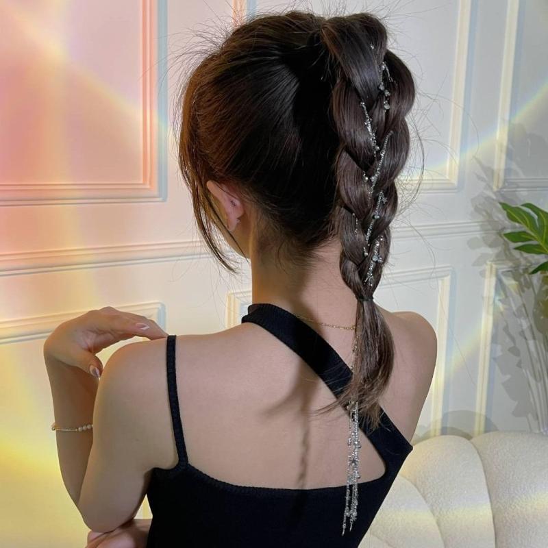Rhinestone Chain Tassel Hair Clips Headband for Women