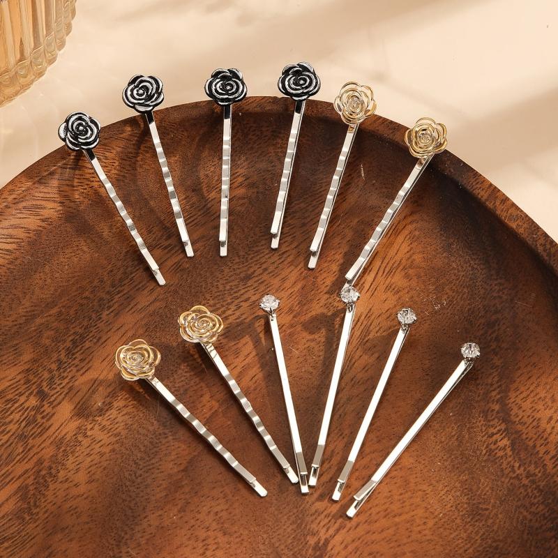 12pcs Rose & Rhinestone Decor Hair Clip Bobby Pin Non Slip Hair Accessory
