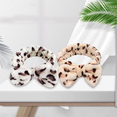 Leopard Bow Headband Elastic Hair Wrap Coral Fleece Spa Headband