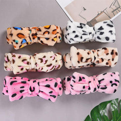 Leopard Bow Headband Elastic Hair Wrap Coral Fleece Spa Headband