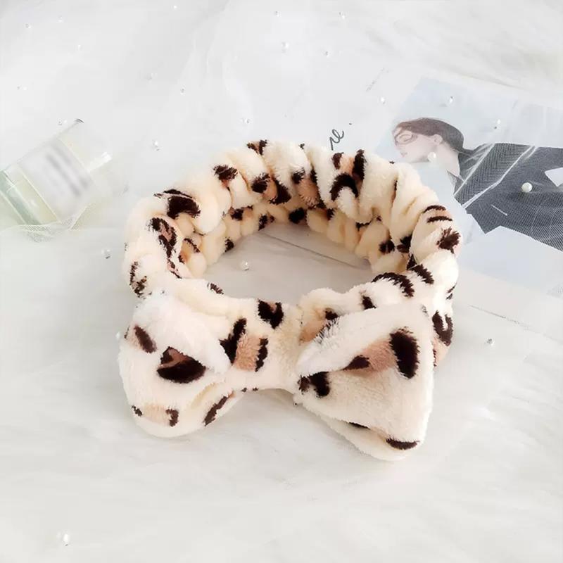 Leopard Bow Headband Elastic Hair Wrap Coral Fleece Spa Headband