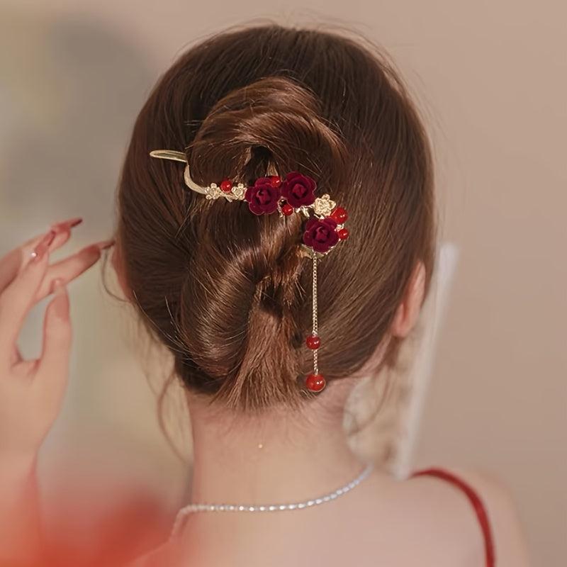 Red Plum Flower Hairpin Pearl Tassel Twist Clip Updo Clip