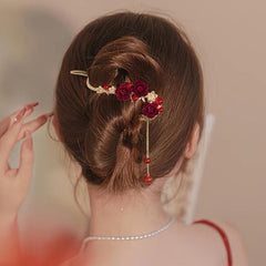Red Plum Flower Hairpin Pearl Tassel Twist Clip Updo Clip