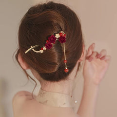Red Plum Flower Hairpin Pearl Tassel Twist Clip Updo Clip