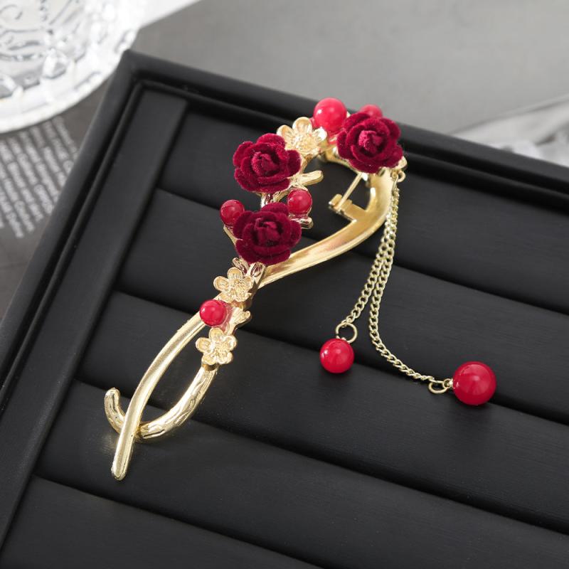 Red Plum Flower Hairpin Pearl Tassel Twist Clip Updo Clip