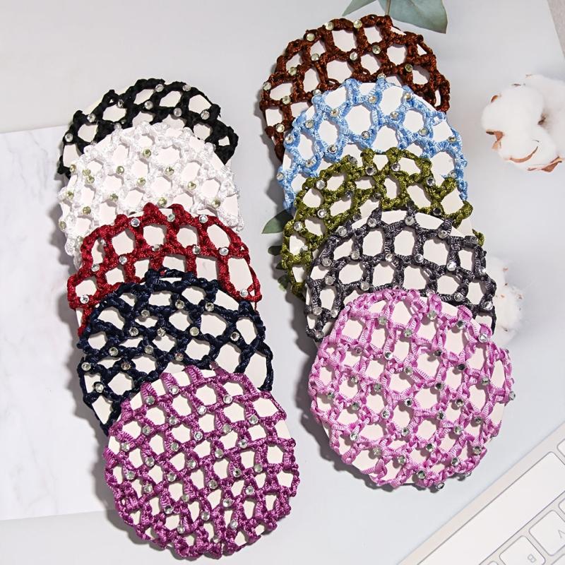 Crochet Hair Bun Cover With Rhinestones Solid Head Bun Net Hair Accessories