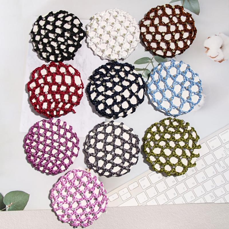 Crochet Hair Bun Cover With Rhinestones Solid Head Bun Net Hair Accessories