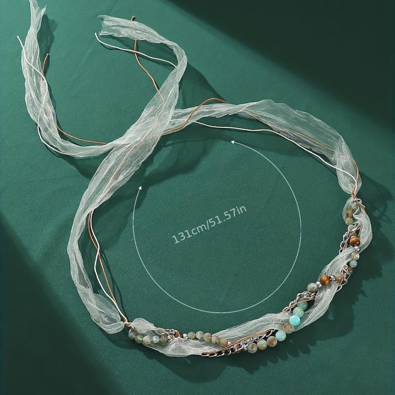 Boho Beaded Headband Lace Ponytail Holder Hair Tie