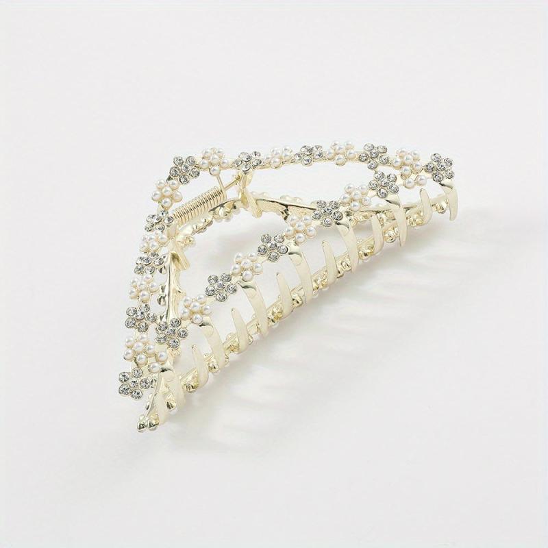 Triangle Shape Hair Claw Faux Pearl Rhinestone Ponytail Holder