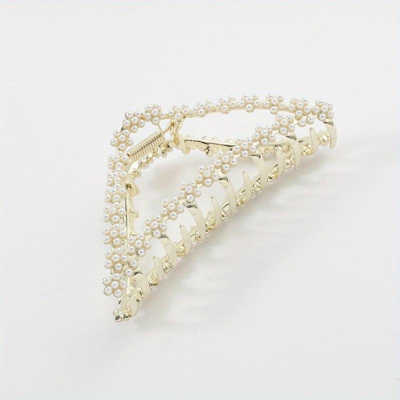 Triangle Shape Hair Claw Faux Pearl Rhinestone Ponytail Holder