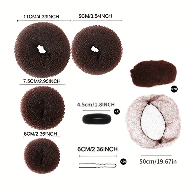 Hair Bun Shaper Set with 20 Hair Nets, 4 Donut Bun Makers, 5 Elastic Bands