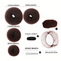 Hair Bun Shaper Set with 20 Hair Nets, 4 Donut Bun Makers, 5 Elastic Bands