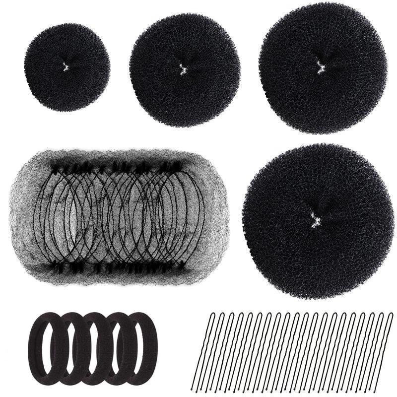 Hair Bun Shaper Set with 20 Hair Nets, 4 Donut Bun Makers, 5 Elastic Bands