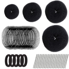 Hair Bun Shaper Set with 20 Hair Nets, 4 Donut Bun Makers, 5 Elastic Bands