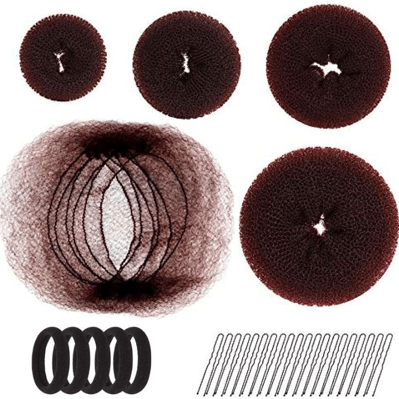 Hair Bun Shaper Set with 20 Hair Nets, 4 Donut Bun Makers, 5 Elastic Bands