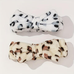 2pcs Plush Hair Band Bow Print Wide Brim Elastic Hair Hoop Women's