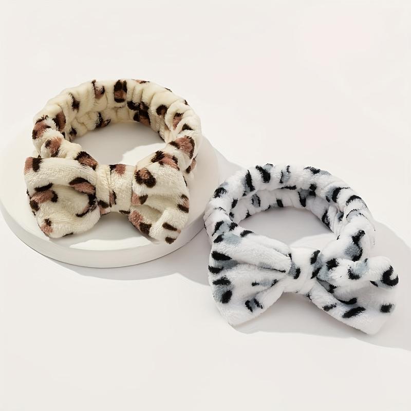 2pcs Plush Hair Band Bow Print Wide Brim Elastic Hair Hoop Women's