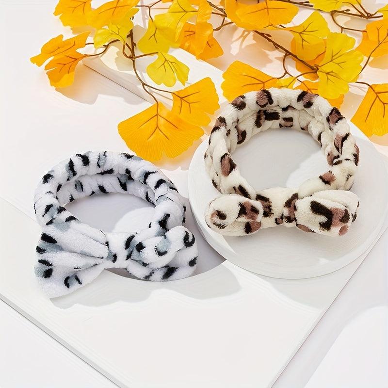 2pcs Plush Hair Band Bow Print Wide Brim Elastic Hair Hoop Women's