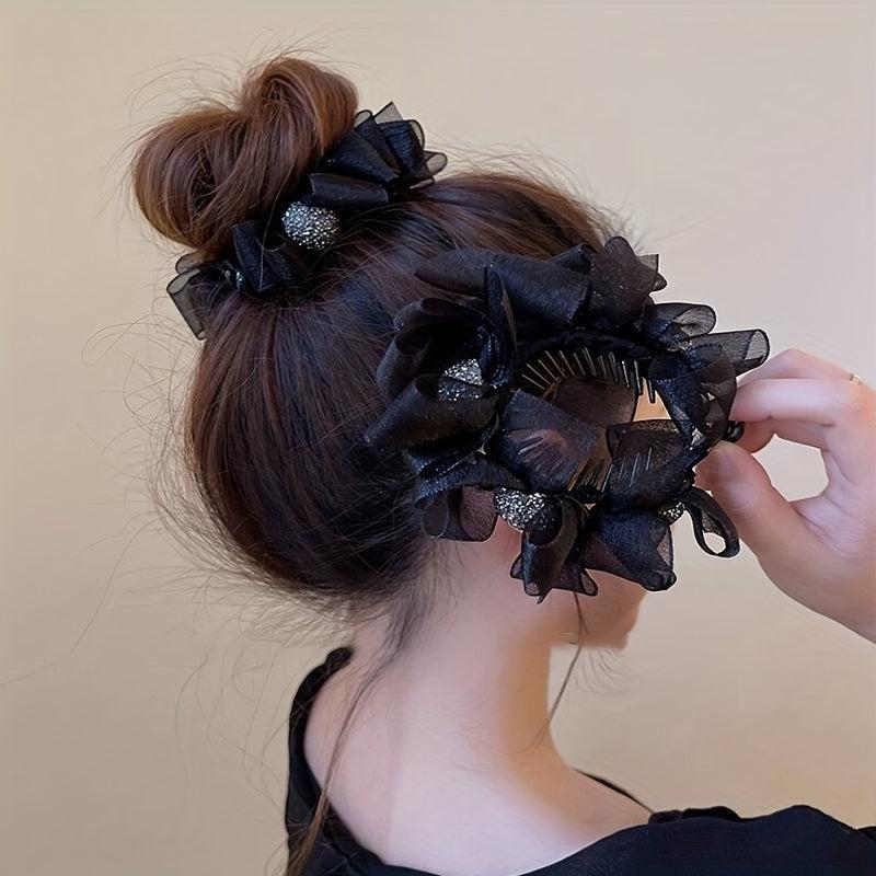 Ruffled Bow Decor Hair Claw Clip Large Duck Billed Clip Rhinestone Glitter Women
