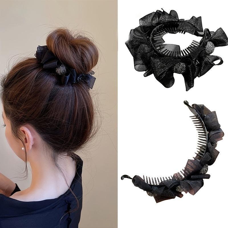 Ruffled Bow Decor Hair Claw Clip Large Duck Billed Clip Rhinestone Glitter Women