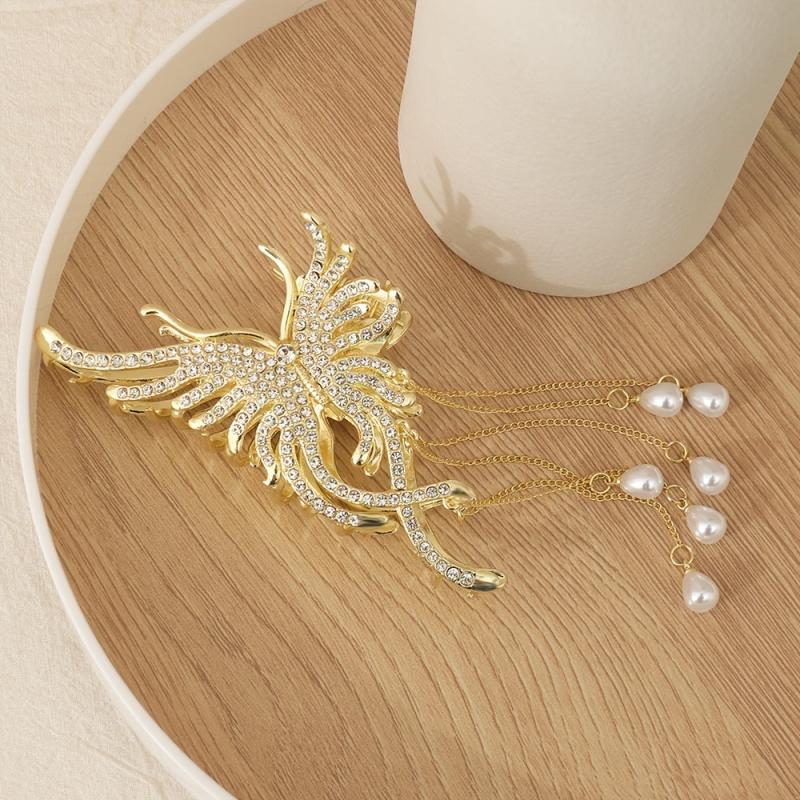 Medium Hair Claw Clip Rhinestone Faux Pearl Decor Barrette for Thin Thick Hair