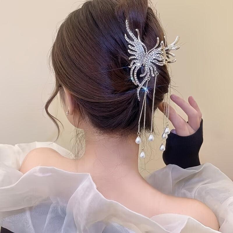 Medium Hair Claw Clip Rhinestone Faux Pearl Decor Barrette for Thin Thick Hair