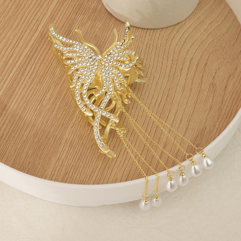 Medium Hair Claw Clip Rhinestone Faux Pearl Decor Barrette for Thin Thick Hair