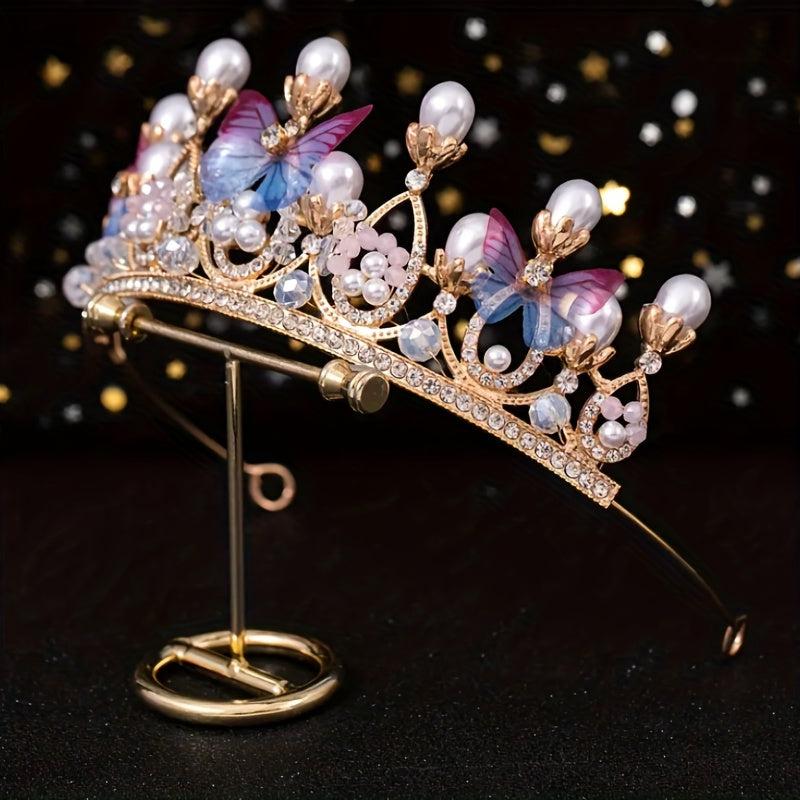 Golden Pearl Rhinestone Hairpiece Crown for Girls