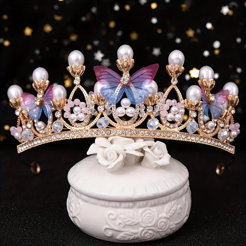 Golden Pearl Rhinestone Hairpiece Crown for Girls