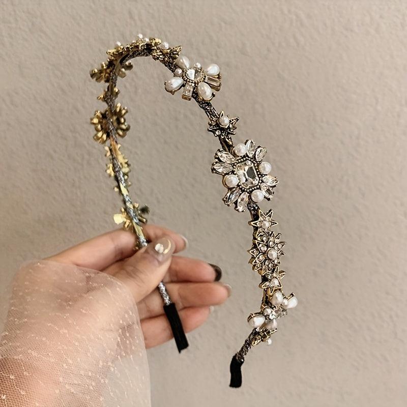 Baroque Pearl Rhinestone Flower Headband Sparkle Headdress