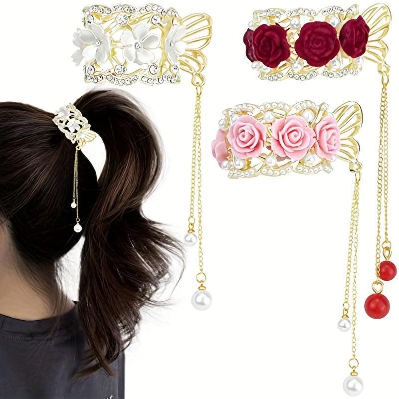 3pcs Rhinestone Flower Fish Hair Clip with Pearl Pendant