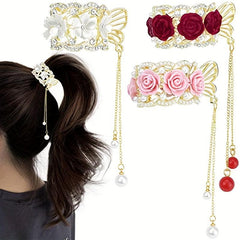 3pcs Rhinestone Flower Fish Hair Clip with Pearl Pendant
