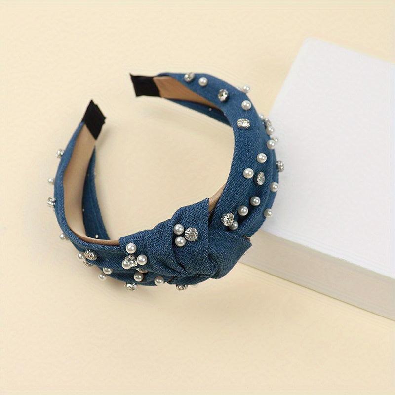 Baroque Style Faux Pearl Headband Denim Hair Band Women