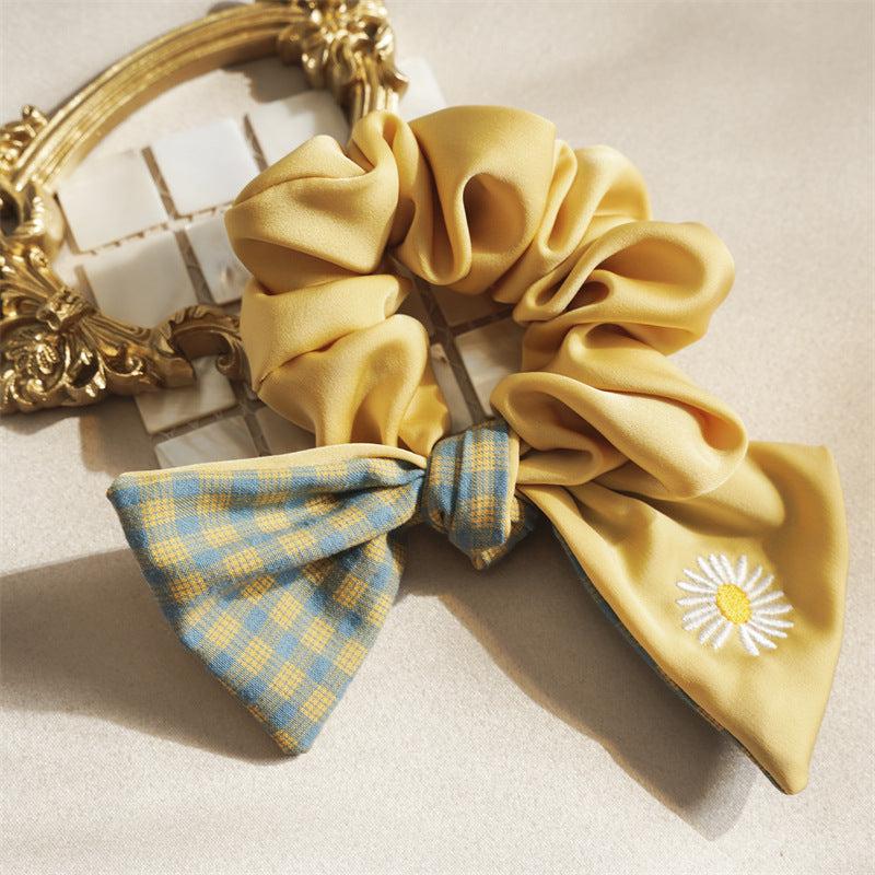 Daisy Embroidered Hair Ties Double Layer Bow Knot Hair Scrunchies