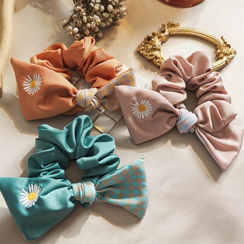 Daisy Embroidered Hair Ties Double Layer Bow Knot Hair Scrunchies