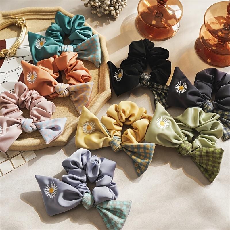 Daisy Embroidered Hair Ties Double Layer Bow Knot Hair Scrunchies