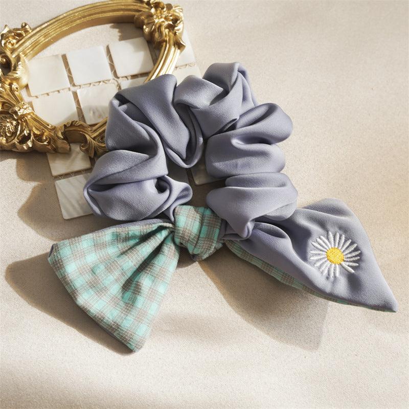 Daisy Embroidered Hair Ties Double Layer Bow Knot Hair Scrunchies