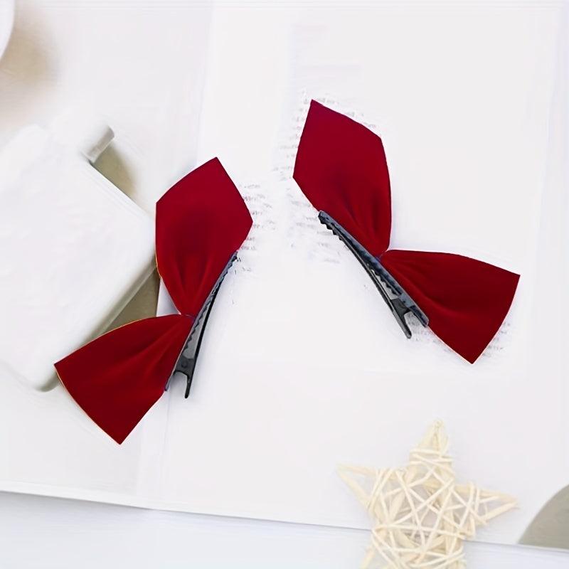 Velvet Bow Hair Clip Set - Red Plush Hair Accessories