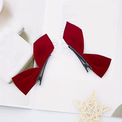 Velvet Bow Hair Clip Set - Red Plush Hair Accessories