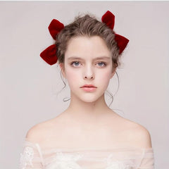Velvet Bow Hair Clip Set - Red Plush Hair Accessories
