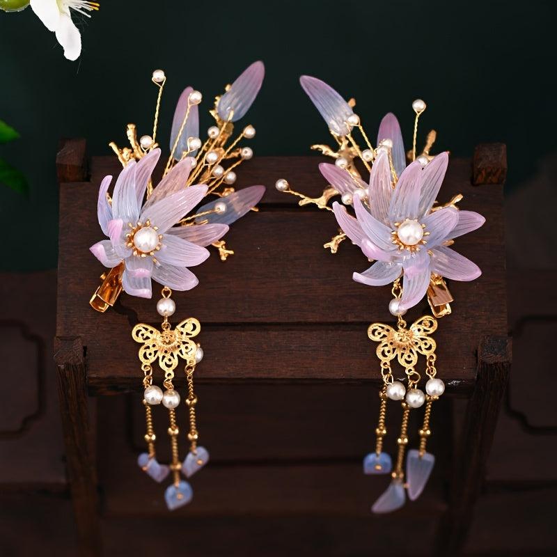 Vintage Flower Leaf Tassel Hairpin Barrette Chinese Style Hanfu Hair Accessory