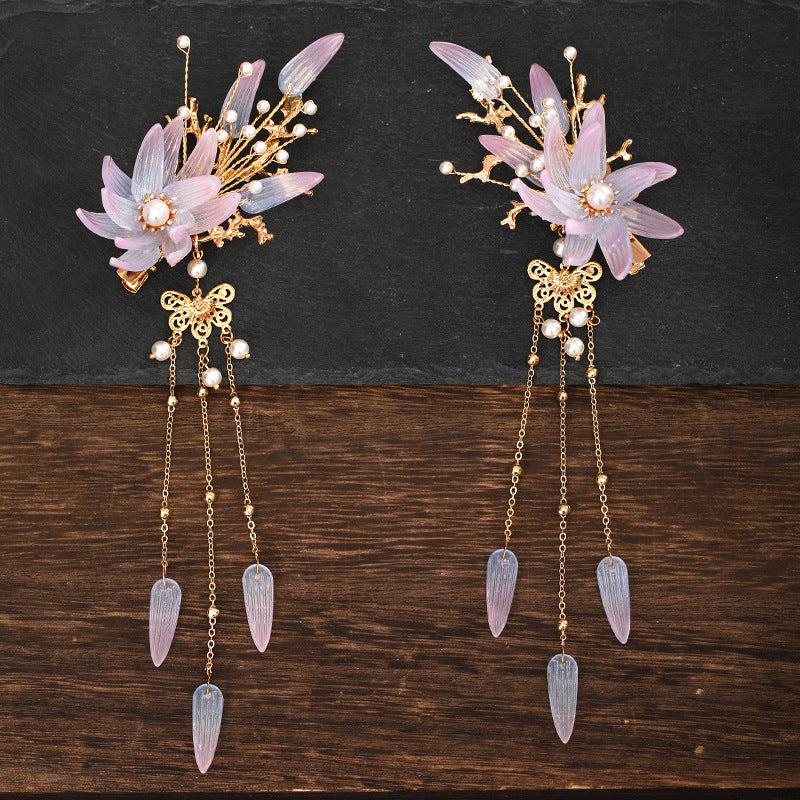 Vintage Flower Leaf Tassel Hairpin Barrette Chinese Style Hanfu Hair Accessory
