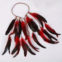 Boho Feather Hair Tie Rope Headband with Beads Tassel