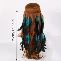 Boho Feather Hair Tie Rope Headband with Beads Tassel