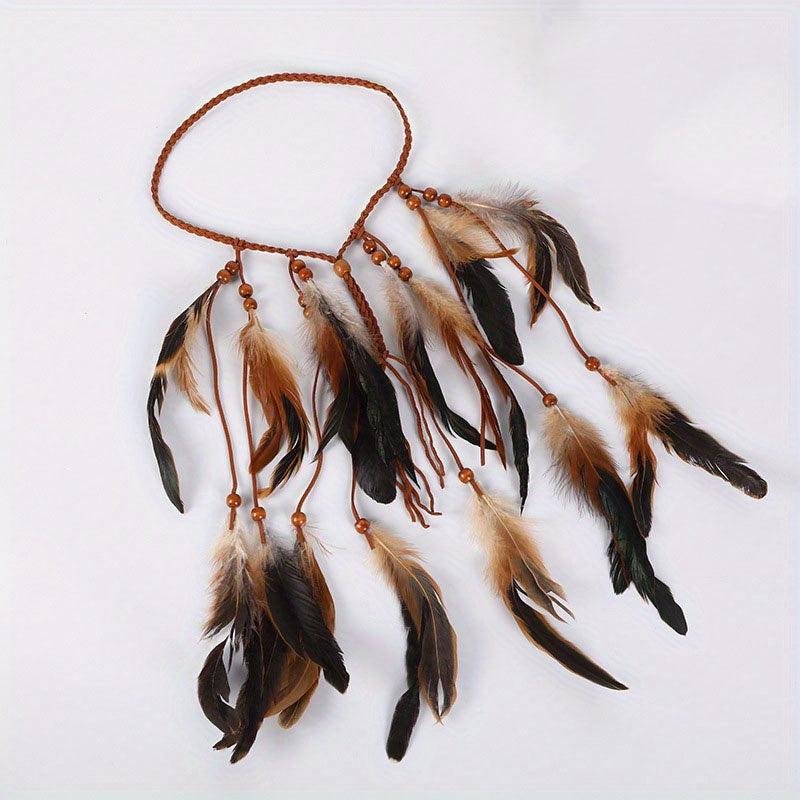 Boho Feather Hair Tie Rope Headband with Beads Tassel