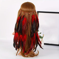 Boho Feather Hair Tie Rope Headband with Beads Tassel