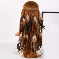 Boho Feather Hair Tie Rope Headband with Beads Tassel
