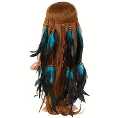 Boho Feather Hair Tie Rope Headband with Beads Tassel